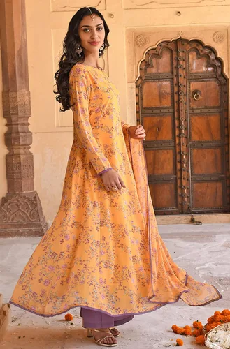 Miniatura 4 de Janasya Kurta de mujer india con estampado floral de Georgette amarillo con palazzo acampanado y dupatta