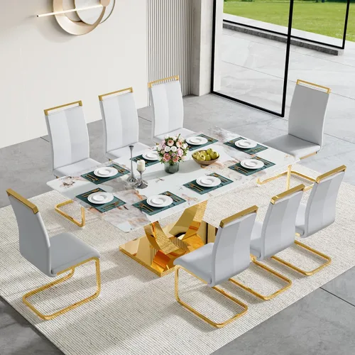 Miniatura 19 de Juego de mesa de comedor para 4, mesa de comedor de mármol sintético de 63 pulgadas con patas y base de acero inoxidable, sillas acolchadas