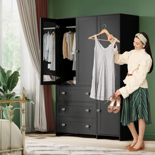 Miniatura 3 de VOWNER Armario clóset con cajones y espejo, gabinete de almacenamiento de ropa de 71" con barra para colgar, armario de madera de 4 puertas