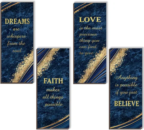 Miniatura 8 de ONIZHITY 4 piezas de decoración de baño blanco y dorado, decoración de pared dorada con Dreams Faith Love Believe, de madera, rústico, estilo Oro