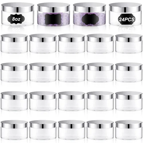 Miniatura 38 de Dandat 24 piezas 8 oz tarro de plástico con tapa y etiqueta recargable, contenedor redondo transparente vacío con muestras cosméticas PET blancas
