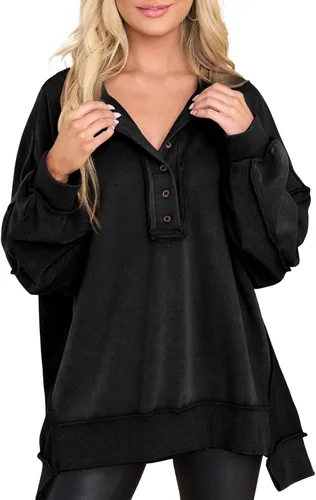 Miniatura 71 de AlvaQ - Sudadera de gran tamaño para mujer, informal, de manga larga, con botones y cuello Henley, tipo túnica
