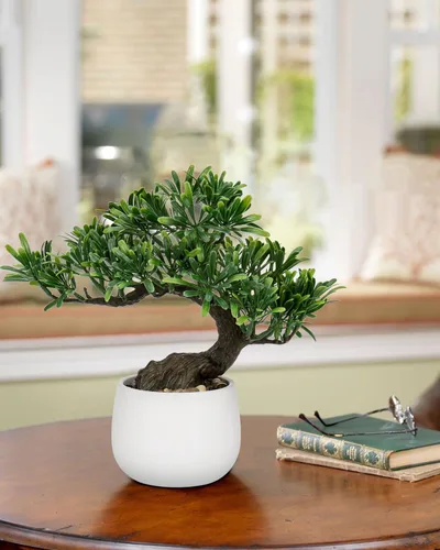 Miniatura 4 de DILATATA Árbol bonsái falso con planta de enebro zen, bonsái artificial de 10 pies de alto con maceta de cerámica blanca decorada con guijarros, 10