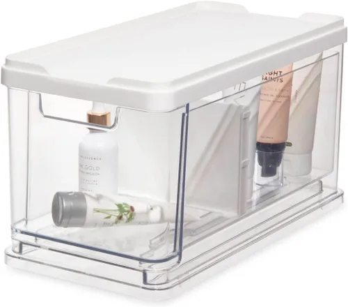 iDesign The Sarah Tanno Collection - Organizador de cajones de cosméticos apilables, tamaño mediano, con tapa y divisor, transparente/blanco