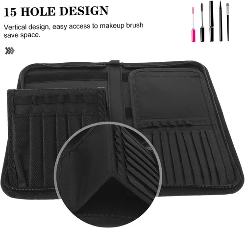 Miniatura 8 de DOITOOL Elegante soporte para brochas de maquillaje de lona, organizador de 15 bolsillos para cosméticos ordenados, negro, 11.8 x 11.0 in