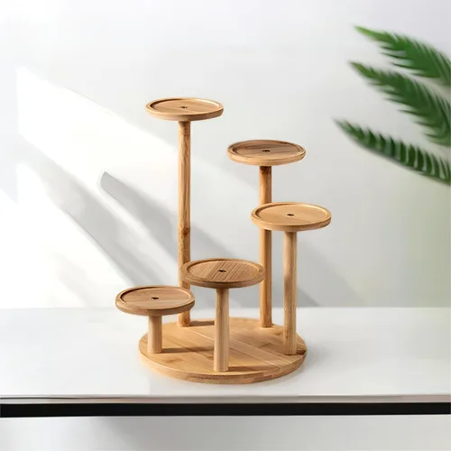 Miniatura 7 de Soporte de escritorio de 5 niveles para plantas, estante redondo de bambú para plantas, soporte de mesa para suculentas y hierbas, soporte
