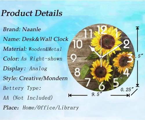 Miniatura 2 de Naanle Elegante reloj de pared redondo de madera vintage con diseño de girasoles 3D, de 9.5 pulgadas, funciona con pilas, de cuarzo, analógico