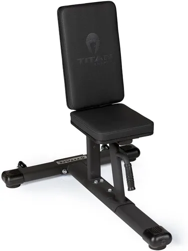 Banco de Peso Sentado Titan Fitness, Capacidad hasta 330 LB, Respaldo Ergonómico Inclinado, Cómodo Acolchado HeftyGrip, Asa Frontal, Ruedas Traseras
