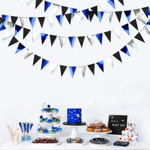Miniatura 3 de Decoraciones de fiesta de 30 pies azul marino, negro y plateado, bandera triangular azul real, banderín con banderines para graduación, cumpleaños