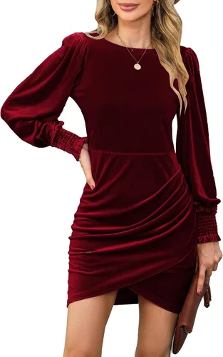 YIJIU Vestido de terciopelo de manga larga para mujer, cuello redondo, ajustado, corto, fruncido, entallado, para cóctel, fiesta, club, mini vestidos