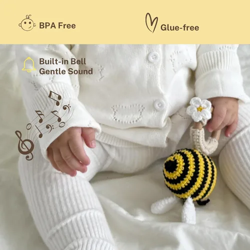 Miniatura 4 de DICHA Crochet Bee Baby Rattle - Juguete sensorial para bebés, ideal para baby shower, incluye anillo de dentición de haya Abeja