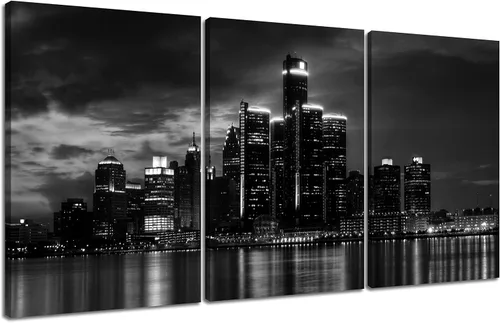 Miniatura 38 de NAN Wind Detroit Skyline - Lienzo decorativo para pared, paisaje urbano, escena nocturna, impresión artística de ciudad en blanco y negro sobre