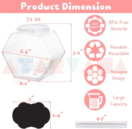 Miniatura 2 de Atarvana Juego de 4 tarros de plástico para caramelos de 72 onzas, recipientes hexagonales para dulces con tapas herméticas para bufé de dulces