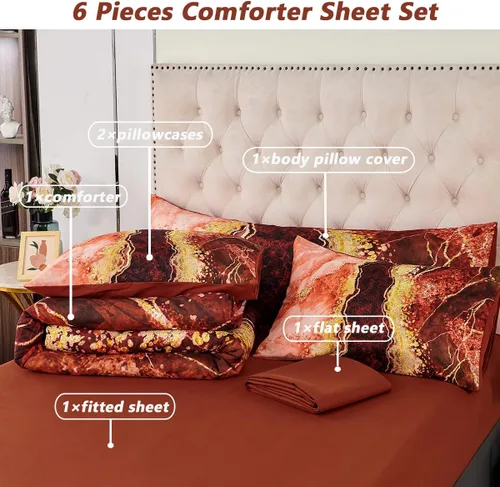 Miniatura 3 de PERFEMET Juego de edredón de 6 piezas, tamaño Queen, ropa de cama con estampado de mármol acuarela naranja con edredón y sábanas, estilo estético