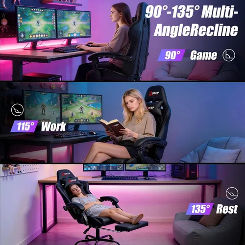 Miniatura 5 de Silla de juegos con reposapiés, silla ergonómica de juego con soporte lumbar y reposabrazos de acoplamiento, silla reclinable para computadora