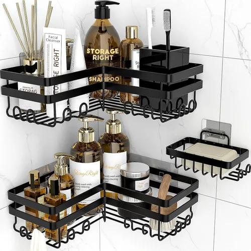 Miniatura 8 de StorageRight Organizador de ducha de esquina, paquete de 3 accesorios de baño adhesivos con soporte para jabón, estante organizador de ducha