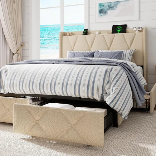 Miniatura 3 de GalnFu Base de cama de tamaño matrimonial con 4 cajones de almacenamiento, plataforma tapizada con estación de carga, moderna cabecera de Beige
