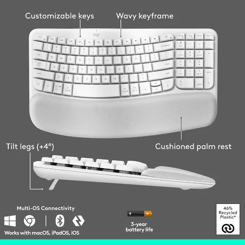 Miniatura 6 de Logitech Wave Keys & Lift Vertical Mouse - Combo de teclado y mouse inalámbrico ergonómico - con reposo de palma acolchado, Easy-Switch, Bluetooth