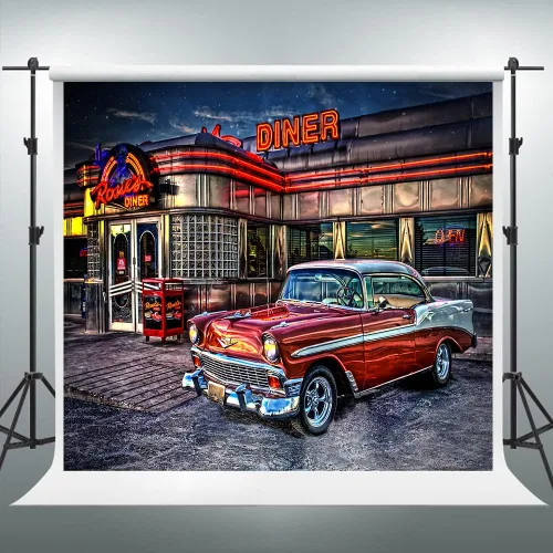 Miniatura 9 de Telón de Fondo de Rock Roll de los 50s para Diner, 1950s Coche Vintage Retro Nostalgia para Fotografía, 1.5x0.9m Telón de Fondo para Fotos