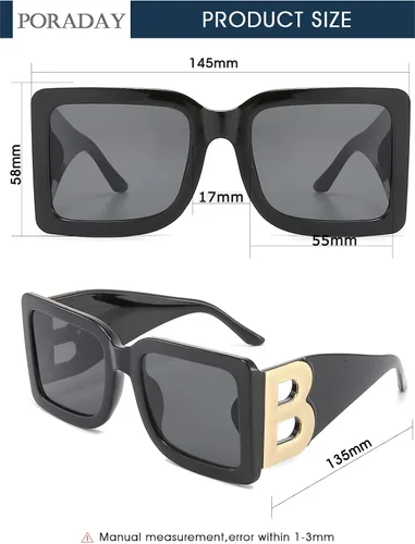 Miniatura 6 de PORADAY Gafas de sol cuadradas grandes de moda para mujeres y hombres, marco grueso negro de lujo, gafas de sol modernas con montura grande