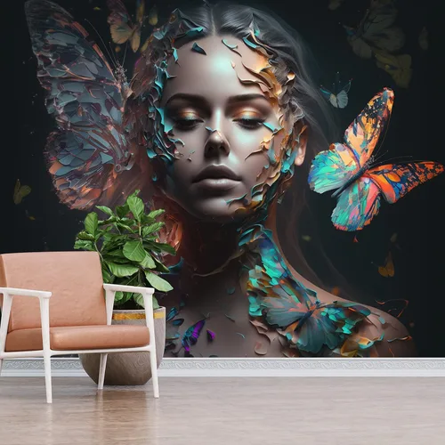 Papel pintado de mariposa colorida alrededor de la mujer, salón de belleza, sala de estar, dormitorio, oficina, pared extraíble y reutilizable,