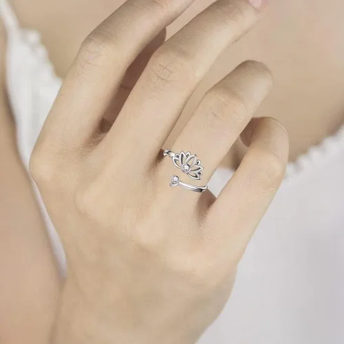 Miniatura 2 de MANBU Anillo de plata de ley con forma de loto y semicócolo Anillo ajustable con diseño de flor de loto, regalo inspirador para mujeres