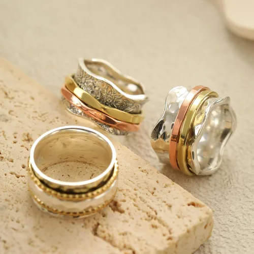 Miniatura 4 de ENERGY STONE Anillo antiestrés de plata de ley 925 Anillo giratorio para mujer Equilibrio y belleza Belleza exquisita romántica Patrón floral