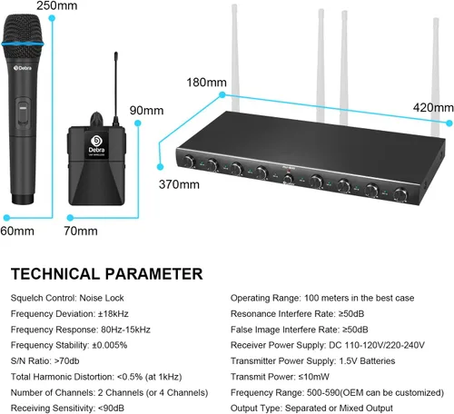 Miniatura 9 de D Debra Audio AU800 Pro UHF Sistema de micrófono inalámbrico de 8 canales con micrófonos de mano inalámbricos tipo lavalier con auriculares