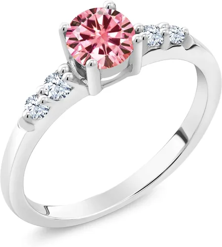 Miniatura 2 de Gem Stone King Anillo de compromiso de plata de ley 925 con moissanita rosa y zafiro blanco creado 0.67 quilates Anillo de compromiso