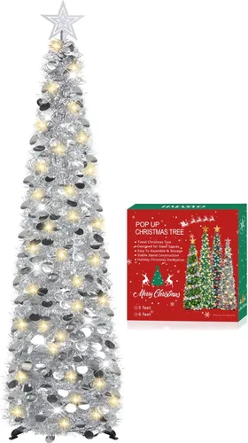 HMASYO - Árbol de navidad de oropel con luces de 5 pies con lentejuelas artificiales, árbol de navidad para decoración en casa, oficina, chimenea,