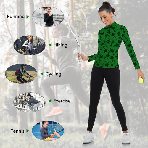 Miniatura 51 de WOWENY Camiseta deportiva de manga larga para mujer, con cremallera de un cuarto, cuello para entrenamiento, camiseta de tenis con estampado