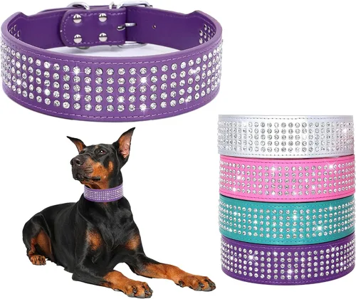 Miniatura 9 de Collares de Perro con Diamantes de Imitación - 2" de Ancho con Diamantes de Cristal con Tachuelas de Cuero PU 5 Filas Collar con Tachuelas