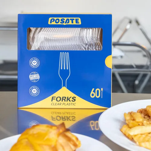 Miniatura 9 de POSATE Tenedores de plástico resistentes, transparentes desechables, paquete de 60