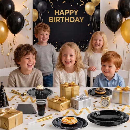 Miniatura 4 de MirthMood - 350 platos desechables negros, platos negros, suministros de plástico para fiestas, incluye 50 platos llanos, 50 platos de ensalada, 50