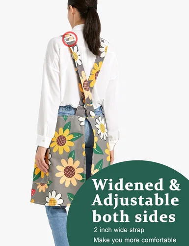 Miniatura 3 de Delantales ajustables con espalda cruzada para mujer con bolsillos de algodón y lino para cocinar y hornear Sun Flowers