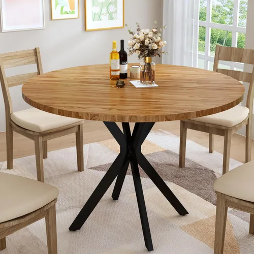 Miniatura 8 de Mesa de comedor redonda: mesa marrón moderna de 39 pulgadas con base en X negra para 4-5 personas, perfecta para espacios pequeños y apartamentos