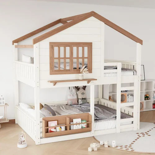 Miniatura 16 de Litera de casa individual sobre cama individual con tobogán convertible y nido, litera de madera maciza con techo y ventana para niños, verde-blanco