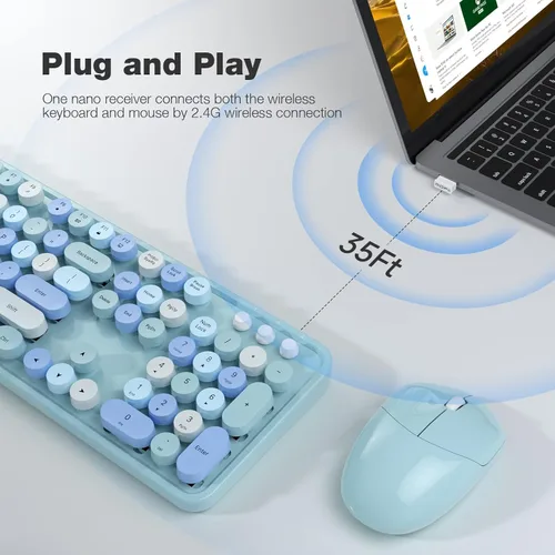 Miniatura 2 de KNOWSQT Combo de teclado y ratón inalámbrico, teclados lindos de tamaño completo estilo máquina de escribir 2.4G azul colorido - receptor USB Plug