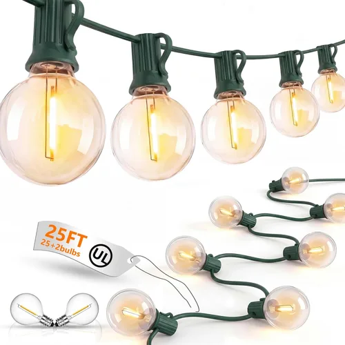 Miniatura 30 de Guirnalda de luces LED para exteriores, G40, de 25 pies, impermeable, con 27 bombillas inastillables, luces colgantes de decoración de Navidad al