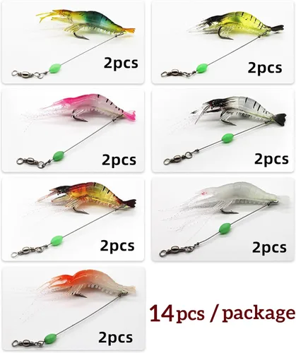 Miniatura 2 de Juego de 30 señuelos de plástico suave para pesca de simulación, juego de señuelos de camarón Lumionous, tamaño universal de 3.2 pulgadas, 1/8