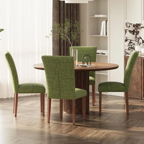 Miniatura 23 de Juego de 2 sillas de comedor de granja, respaldo alto con patas de madera y ribete de cabeza de clavo, silla de comedor de tela moderna