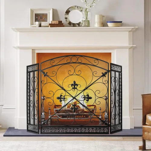 Miniatura 10 de BEAMNOVA - Pantalla para chimenea de 50.2 x 34.3 pulgadas, color negro, con puertas y herramientas, protector contra chispas de 3 paneles, plegable