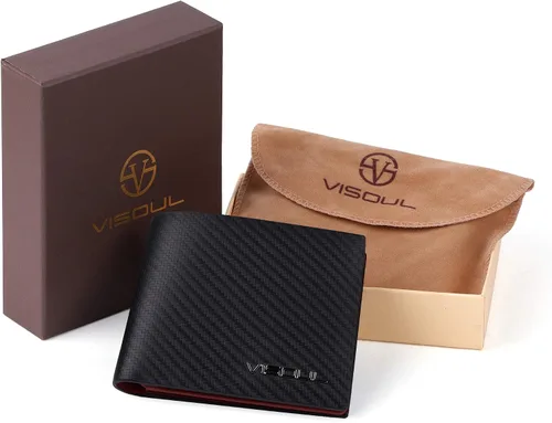 Miniatura 7 de VISOUL Billetera de cuero de fibra de carbono con bloqueo RFID para hombre con 2 ventanas de identificación cartera de cuero para hombre negro