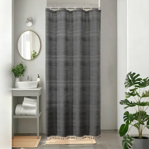 Miniatura 30 de OVZME Cortina de ducha bohemia negra, cortina de ducha estrecha de tela suave a rayas de lino texturizado con borla, moderna decoración de baño