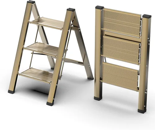 FlyGeneral Escalera de 3 escalones, taburete plegable de escalera, dorado, peldaños antideslizantes más anchos y mejorados, escalera portátil ligera
