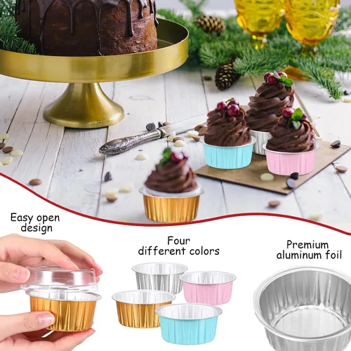 Miniatura 3 de Thenshop 150 tazas de papel de aluminio para hornear con tapas, moldes desechables de 5 onzas, mini moldes para pasteles, moldes para magdalenas