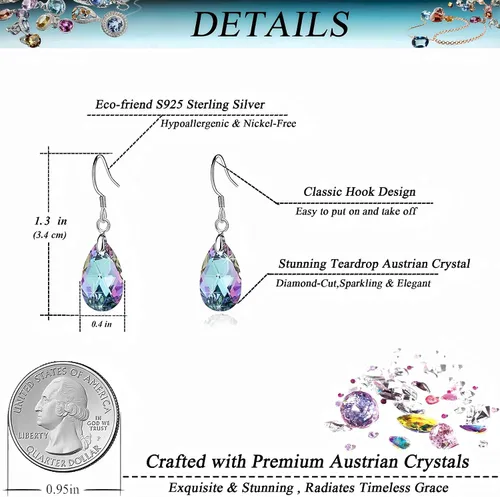 Miniatura 64 de Aretes colgantes de cristal austriaco con forma de lágrima para mujer, joyería hipoalergénica de plata de ley 925