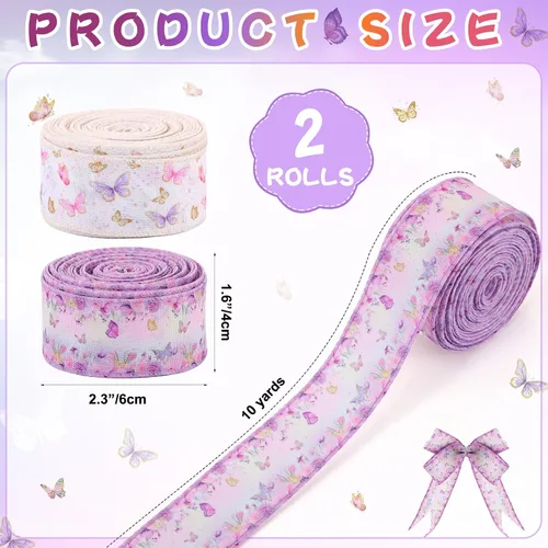 Miniatura 2 de Tigeen 2 rollos de cinta de arpillera con borde de mariposa de 20 yardas de 1.6 pulgadas, cinta de arpillera de flores de mariposa morada