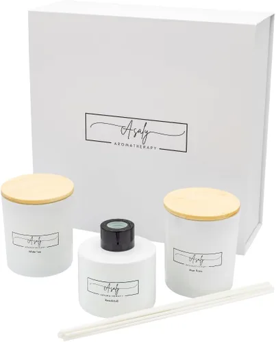 ASALY - Juego de regalo de velas y difusor de varillas de lujo, 2 velas de cera de soja (30 horas de combustión) + 1 difusor de varillas | Té