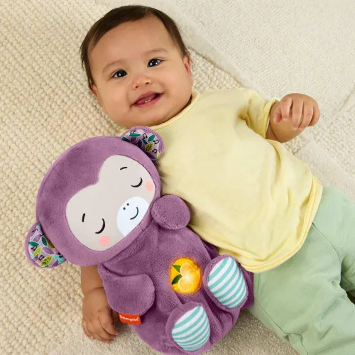 Miniatura 7 de Fisher-Price Juguetes para bebés Soothe ‘n Snuggle Mono púrpura de peluche máquina de sonido portátil con movimiento de respiración y luces